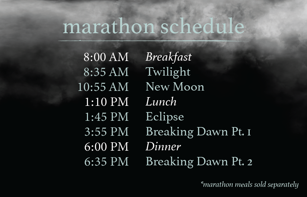 Schedule graphic for Megaplex Theatres' Return to Twilight marathon